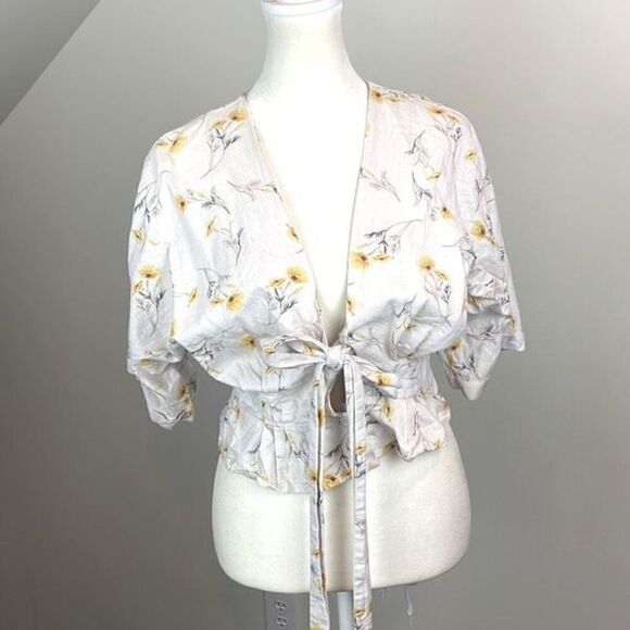 Happy Nature Linen Blend Floral Tye Short Sleeve Blouse Size Small - Picture 1 of 9